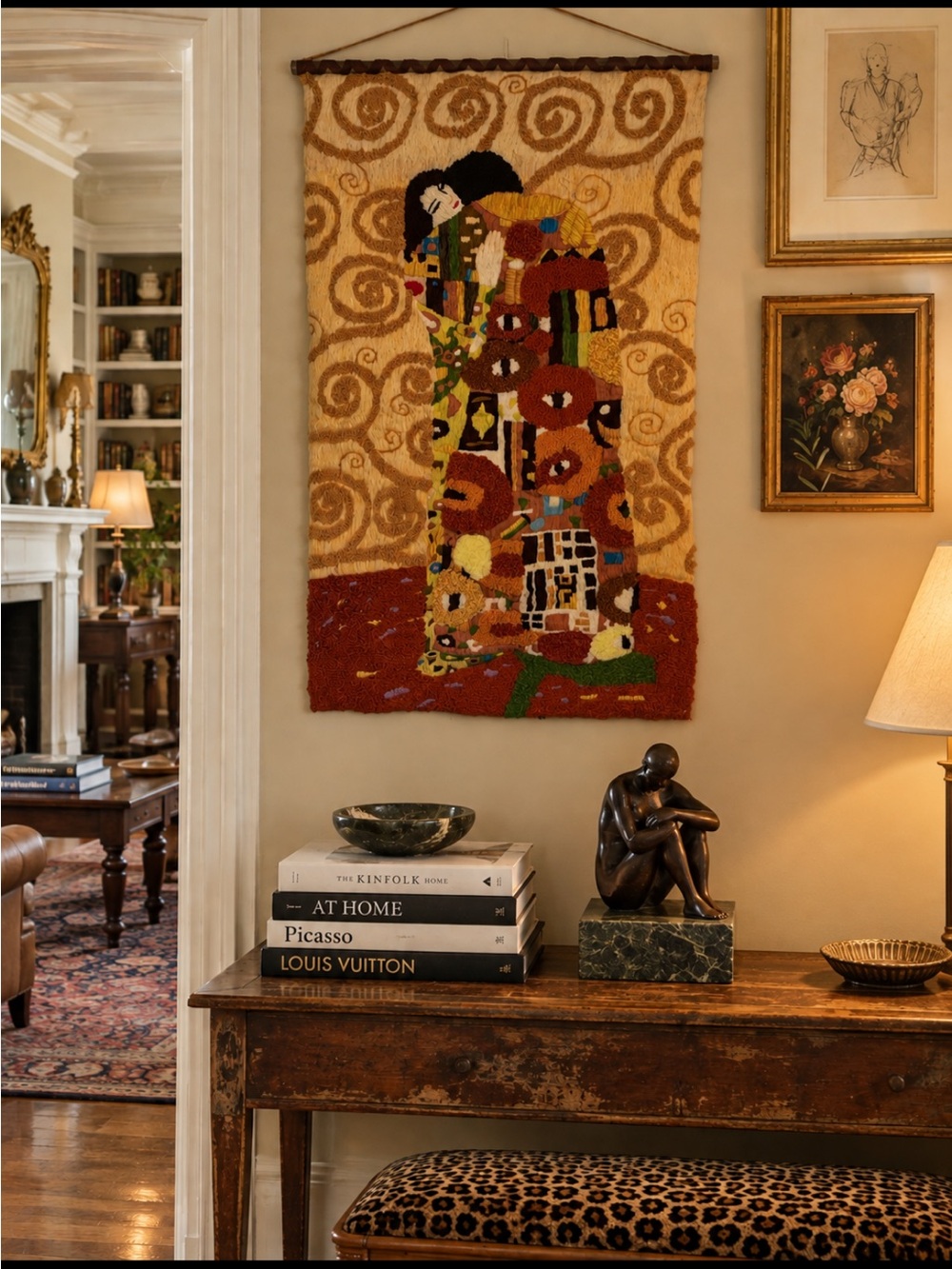 Rare~Vintage Gustav Klimt The Kiss Handworked Needlepoint Fiber Art Tapestry
